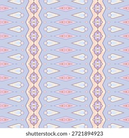 Padrão abstrato geométrico contínuo com tons pastel, formas repetitivas, simetria suave, fundo decorativo e design moderno inspirado em têxteis.