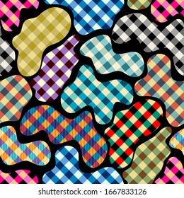 Seamless geometric abstract pattern in patchwork plaid style. Wavy shapes. Vector image.