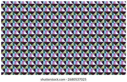 A seamless geometric abstract pattern with purple, blue, and green square and triangle shapes in a retro style. Perfect for textile prints, vintage-inspired wallpapers, packaging, stationery, and digi
