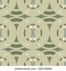 Seamless geometric abstract pattern. Rhombus, circle view braiding figure texture. Gray, olive, khaki soft colored background. Vector