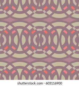Seamless geometric abstract pattern. Rhombus, circle view braiding figure texture. Orange, beige, rosy, brown soft colored background. Vector