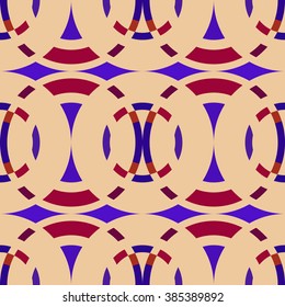 Seamless geometric abstract pattern. Rombus, circle view braiding figure texture. Violet, dark red, bisque colored background. Vector