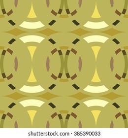 Seamless geometric abstract pattern. Rombus, circle view braiding figure texture. Green, brown, yellow colored background. Vector