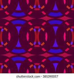Seamless geometric abstract pattern. Rombus, circle view braiding figure texture. Violet, dark red, bisque colored background. Vector