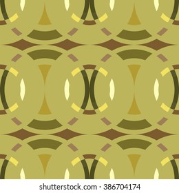 Seamless geometric abstract pattern. Rombus, circle view braiding figure texture. Green, brown, yellow colored background. Vector