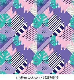 Seamless geometric abstract pattern with stripes and palm leaves