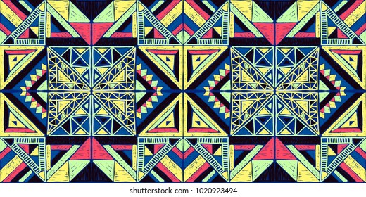 Seamless geometric African pattern. Ethnic ornament on the carpet. Aztec style. Tribal ethnic vector texture. Embroidery on fabric. Indian, Mexican, folk pattern. Quilting, patchwork, jacquard.