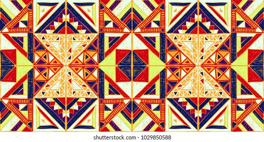 Seamless geometric African pattern. Ethnic ornament on the carpet. Aztec style. Tribal ethnic vector texture. Embroidery on fabric. Indian, Mexican, folk pattern. Quilting, patchwork, jacquard.