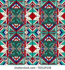 Seamless geometric African pattern. Ethnic ornament on the carpet. Aztec style. Tribal ethnic vector texture. Embroidery on fabric. Indian, Mexican, folk pattern. Quilting, patchwork, jacquard.