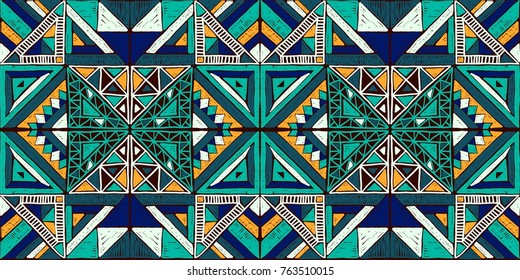 Seamless geometric African pattern. Ethnic ornament on the carpet. Aztec style. Tribal ethnic vector texture. Embroidery on fabric. Indian, Mexican, folk pattern. Quilting, patchwork, jacquard.