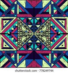 Seamless geometric African pattern. Ethnic ornament on the carpet. Aztec style. Tribal ethnic vector texture. Embroidery on fabric. Indian, Mexican, folk pattern. Quilting, patchwork, jacquard.