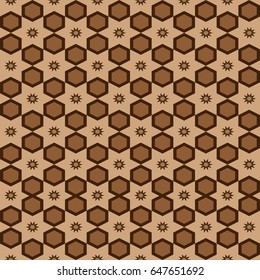 Seamless geometric arabesque Arabic oriental pattern vector traditional ethnic background design with brown hexagons ethnic star ornaments and beige backdrop