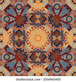 Seamless geometric arabesque oriental pattern. Vector traditional ethnic background in gray, orange and brown colors. Ornament consisting of mandalas.