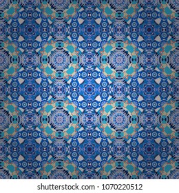 Seamless geometric arabesque oriental pattern. Vector traditional ethnic background in beige, blue and gray colors. Ornament consisting of mandalas.