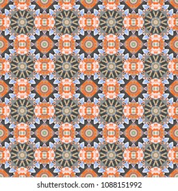 Seamless geometric arabesque oriental pattern. Vector traditional ethnic background in gray, orange and beige colors. Ornament consisting of mandalas.