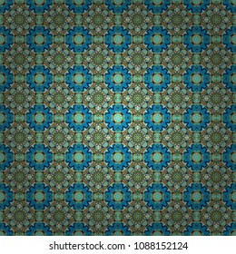 Seamless geometric arabesque oriental pattern. Vector traditional ethnic background in green, gray and blue colors. Ornament consisting of mandalas.