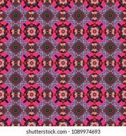 Seamless geometric arabesque oriental pattern. Vector traditional ethnic background in green, pink and red colors. Ornament consisting of mandalas.