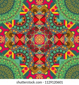 Seamless geometric arabesque oriental pattern. Vector traditional ethnic background in green, brown and pink colors. Ornament consisting of mandalas.