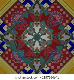 Seamless geometric arabesque oriental pattern. Traditional ethnic background in purple, beige and red colors. Ornament consisting of mandalas.