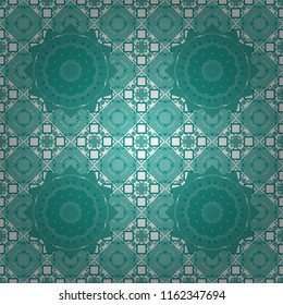 Seamless geometric arabesque oriental pattern. Vector traditional ethnic background in green, blue and white colors. Ornament consisting of mandalas.