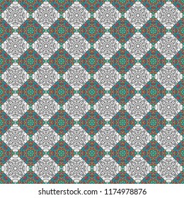 Seamless geometric arabesque oriental pattern. Vector traditional ethnic background in brown, gray and blue colors. Ornament consisting of mandalas.