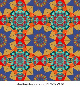 Seamless geometric arabesque oriental pattern. Vector traditional ethnic background in yellow, blue and violet colors. Ornament consisting of mandalas.
