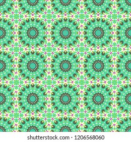 Seamless geometric arabesque oriental pattern. Vector traditional ethnic background in green, white and blue colors. Ornament consisting of mandalas.