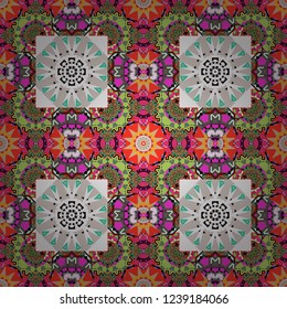 Seamless geometric arabesque oriental pattern. Vector traditional ethnic background in white, green and red colors. Ornament consisting of mandalas.