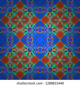 Seamless geometric arabesque oriental pattern. Vector traditional ethnic background in green, blue and red colors. Ornament consisting of mandalas.