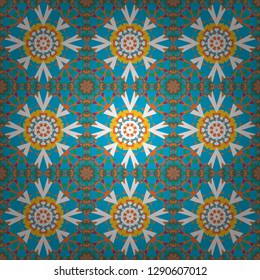 Seamless geometric arabesque oriental pattern. Ornament consisting of mandalas. Vector traditional ethnic background in orange, white and blue colors.