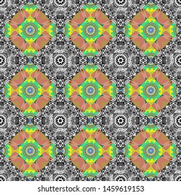 Seamless geometric arabesque oriental pattern. Ornament consisting of mandalas. Vector traditional ethnic background in yellow, gray and pink colors.