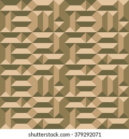 Seamless geometric architectural pattern. Convex metallic texture with rectangular and square pyramids. Gold colored background. Vector