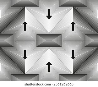 Seamless geometric arrow patterns in opposite directions, black and white line vector illustration.