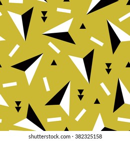 Seamless geometric arrows memphis style triangle and confetti abstract blue background pattern in vector 