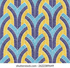 Padrão art deco geométrico contínuo com linhas curvas vibrantes em azul, amarelo e roxo escuro. Bordados de imitação.