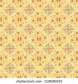Seamless Geometric Aztec Sun Tile Pattern / Playful Summer colors on Cream Gold background / Vector Illustration / Global Colors saved with Pattern Swatches