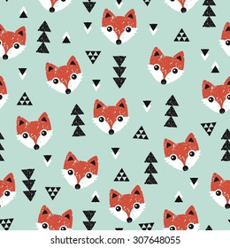 Seamless geometric baby fox kids woodland theme background Christmas mint and coral illustration pattern in vector