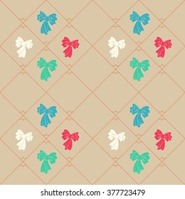 Seamless geometric baby pattern. Texture of diagonal strips, lines, bows. Soft blue, red, green figures on beige background. Children, hipster colored. Vector