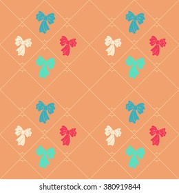 Seamless geometric baby pattern. Texture of diagonal strips, lines, bows. Soft white, blue, pink figures on orange background. Children, hipster colored. Vector