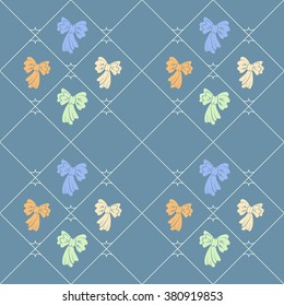 Seamless geometric baby pattern. Texture of diagonal strips, lines, bows. Soft orange, green figures on blue background. Children, hipster colored. Vector