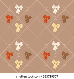 Seamless geometric baby pattern. Texture of diagonal strips, lines, bows. Soft orange, white, brown on tan background. Children, hipster colored. Vector