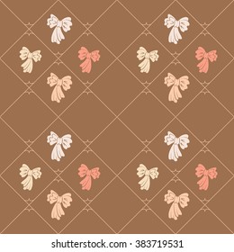 Seamless geometric baby pattern. Texture of diagonal strips, lines, bows. Soft orange, white, rose figures on brown background. Children, hipster colored. Vector