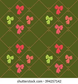 Seamless geometric baby pattern. Texture of diagonal strips, lines, bows. Soft orange, green, pink figures on green background. Children, hipster colored. Vector