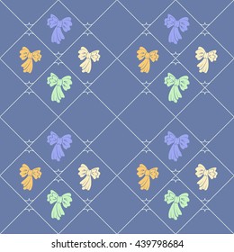 Seamless geometric baby pattern. Texture of diagonal strips, lines, bows. Soft violet, yellow, cream figures on blue background. Children colored. Vector