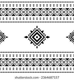 Fondo geométrico impecable con motivos tribales azteca y navajo. Diseño de patrones étnicos contemporáneos para el tejido y el bordado. Color blanco y negro.