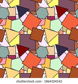 Seamless geometric background from bright abstract mosaic. Endless texture. Colorful broken trencadis tiles for printing on fabric, wallpaper, bedding, paper, cover.