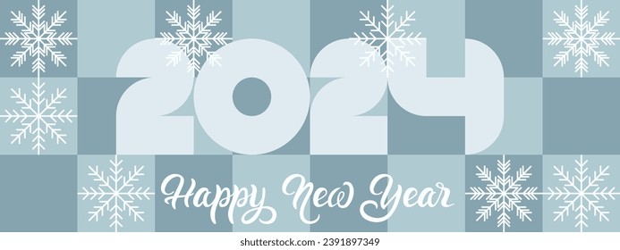 Seamless geometric background for Christmas card, 2024 in blue trendy colors. Happy New Year - beautiful hand lettering, winter snowflakes with snow pattern.
