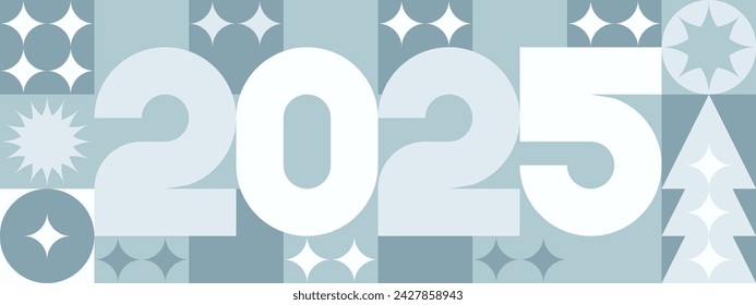 Seamless geometric background for Christmas card, 2025 in blue trendy colors. Happy New Year - beautiful hand lettering, winter snowflakes with snow pattern.