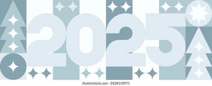 Seamless geometric background for Christmas card, 2025 in blue trendy colors. Happy New Year - beautiful hand lettering, winter snowflakes with snow pattern.
