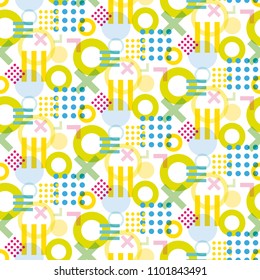 Seamless geometric background with crosses, stripes and polka dots. Background with polka dots.